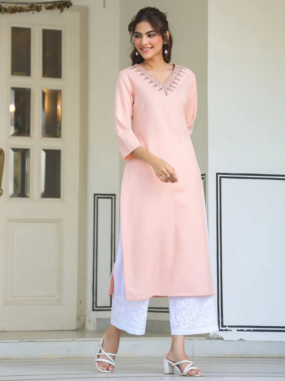 Blush Pink V-Neck Embroidered Kurta