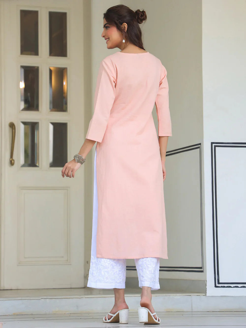 Blush Pink V-Neck Embroidered Kurta