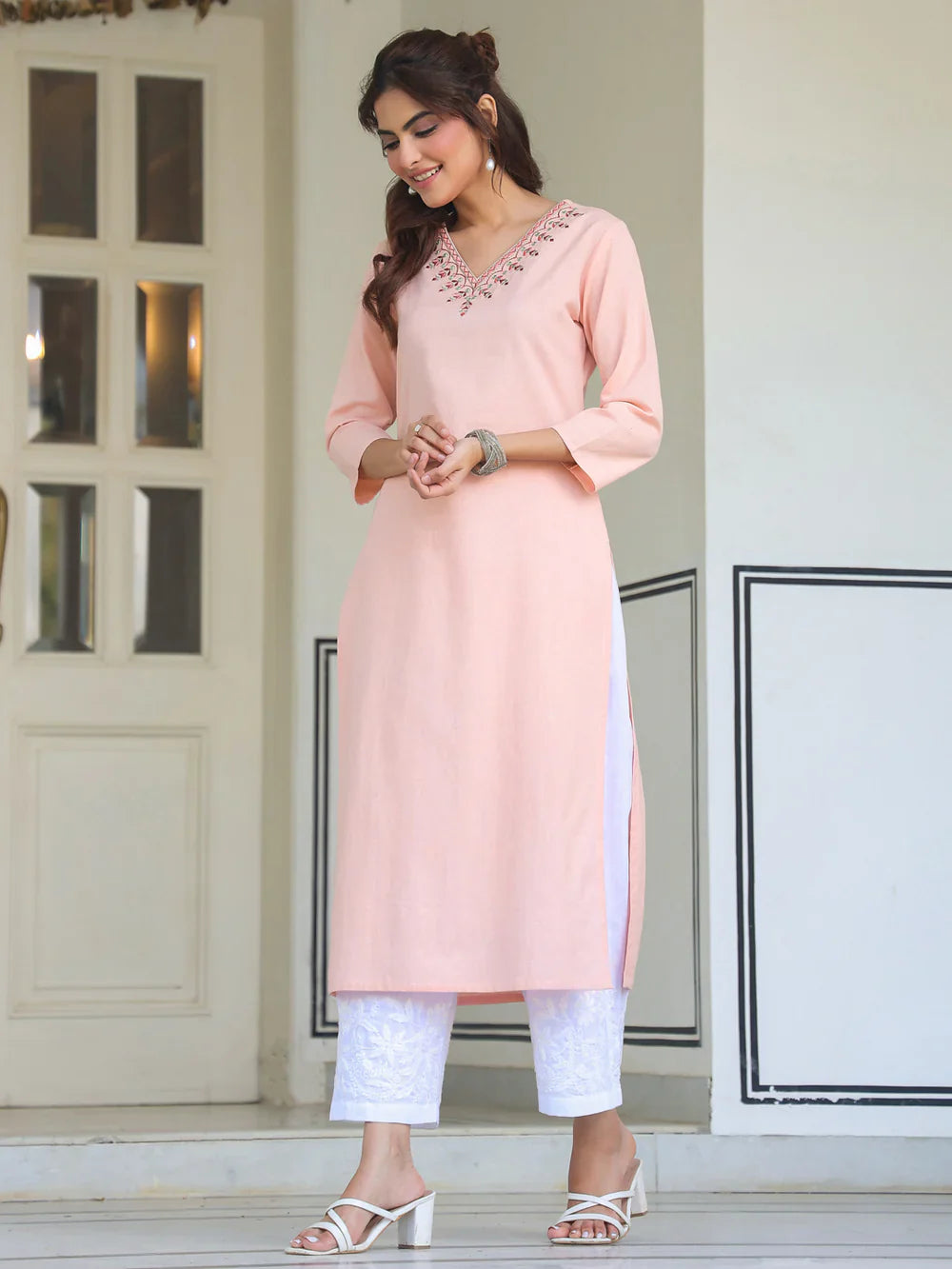 Blush Pink V-Neck Embroidered Kurta