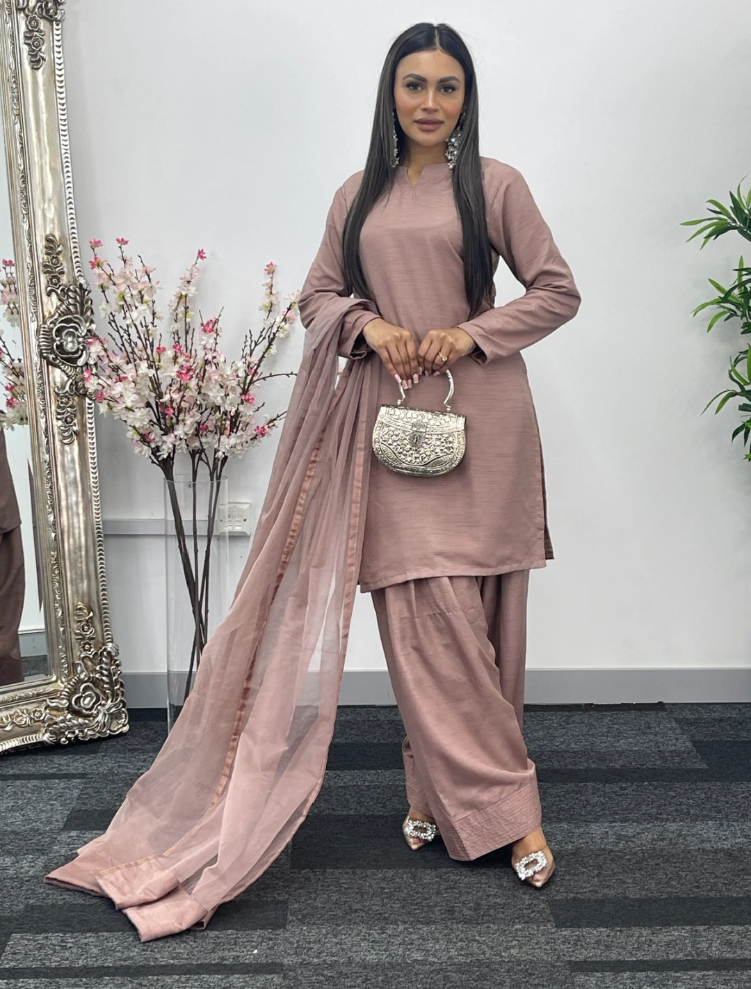 Party Wear 3-Piece Dress in Korian Silk with Organza Dupatta