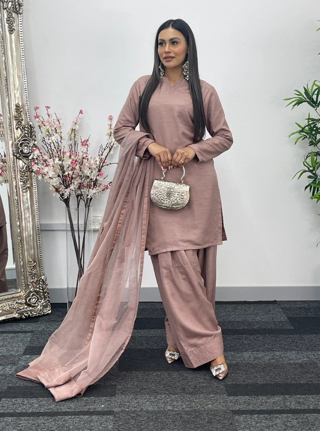 Party Wear 3-Piece Dress in Korian Silk with Organza Dupatta