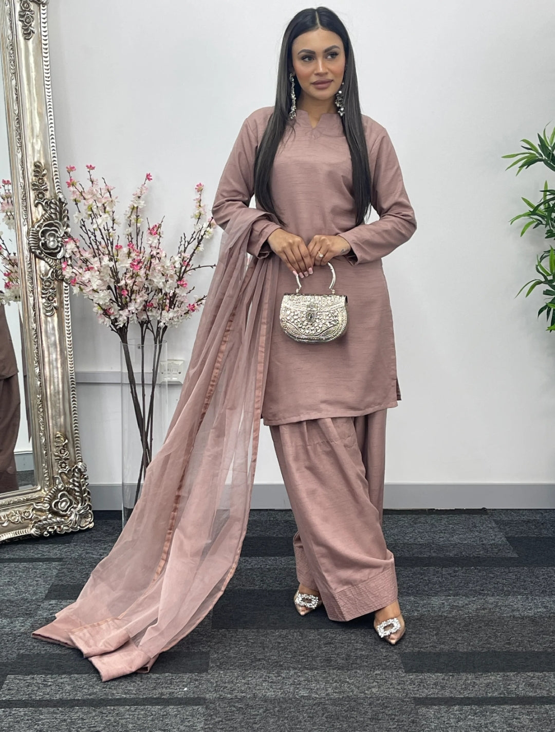 Party Wear 3-Piece Dress in Korian Silk with Organza Dupatta