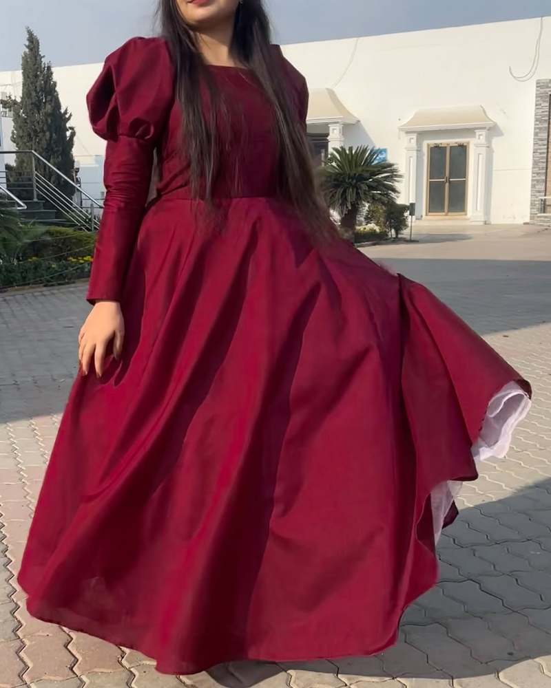 Wine Red Raw Silk Gown with Cancan