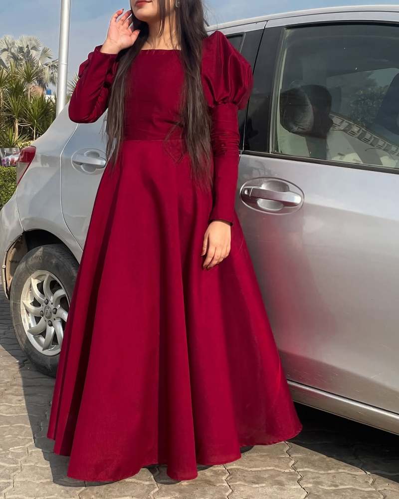 Wine Red Raw Silk Gown with Cancan