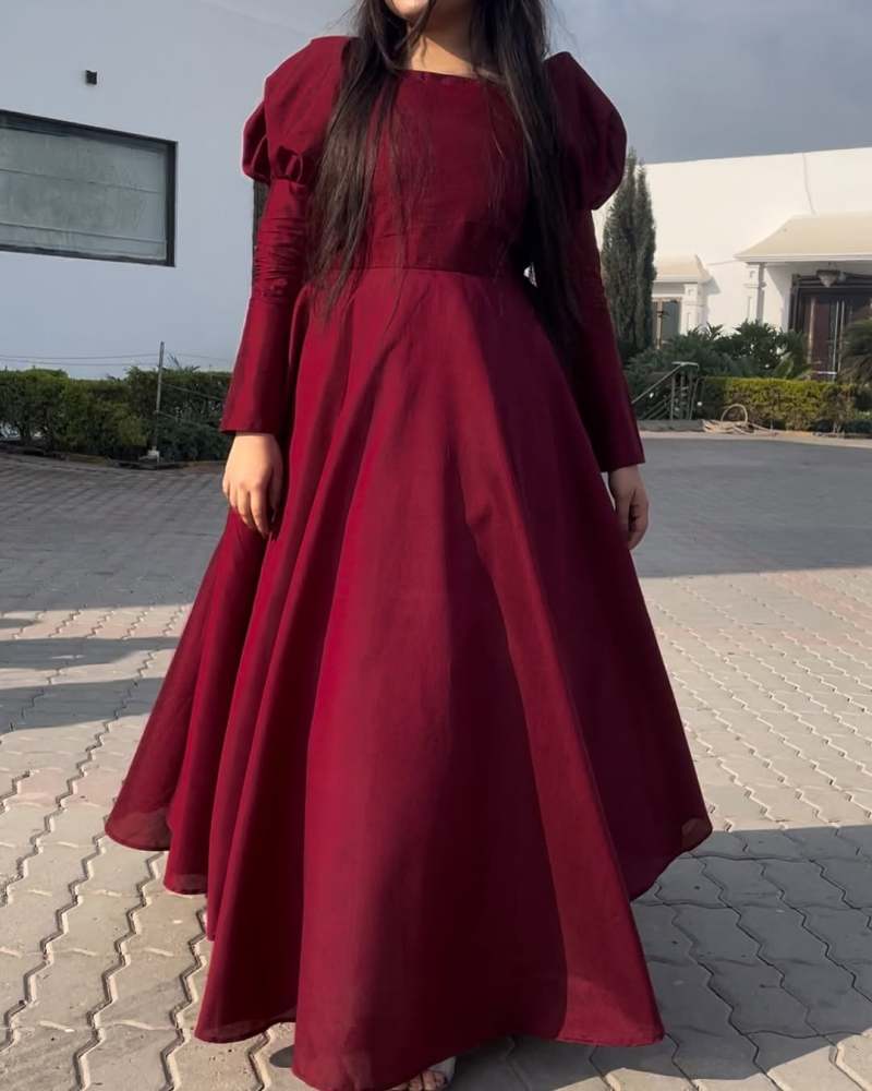 Wine Red Raw Silk Gown with Cancan