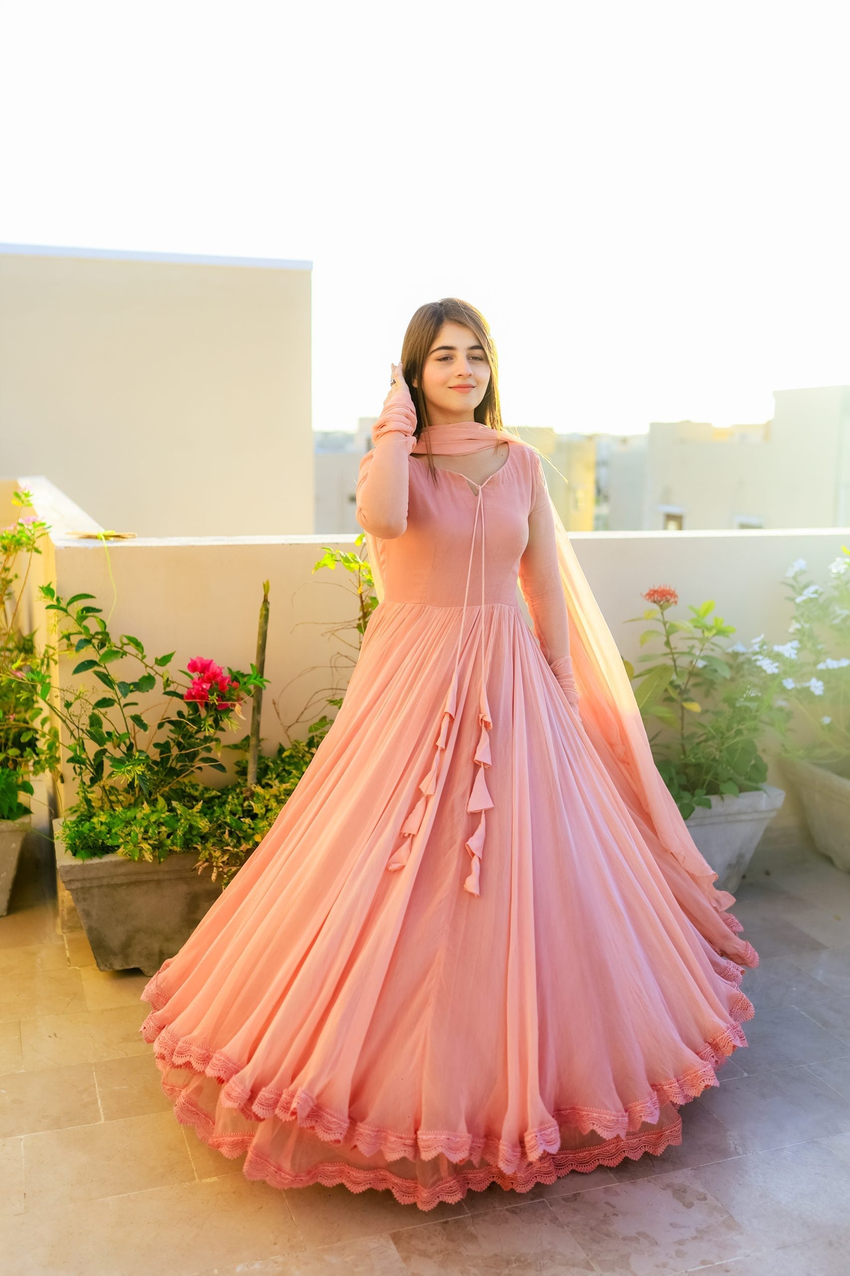 SOLID PEACH LONG FLAIR DOUBLE LAYERED ANARKALI WITH DUPATTA