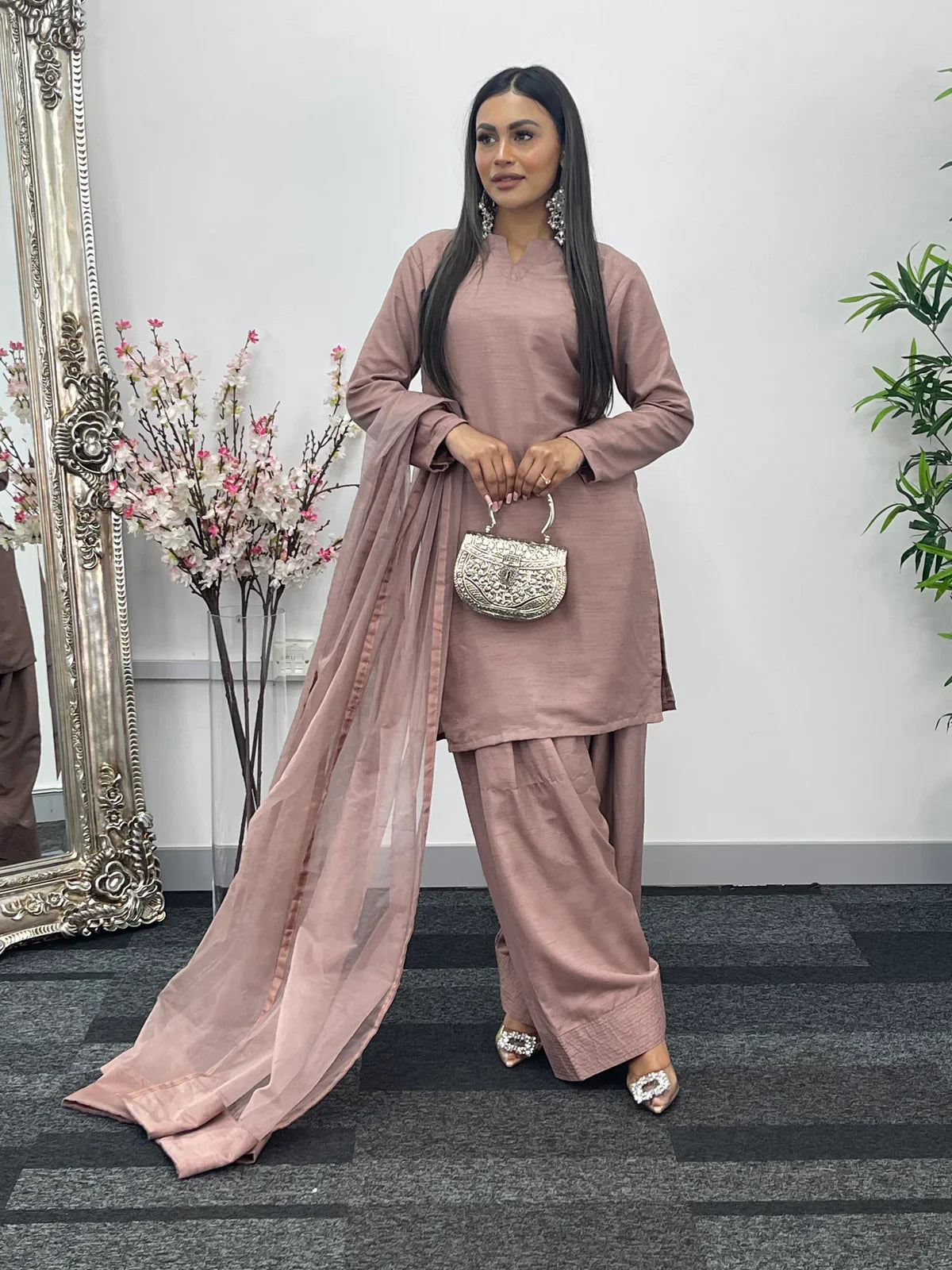 Party Wear 3-Piece Dress in Korian Silk with Organza Dupatta