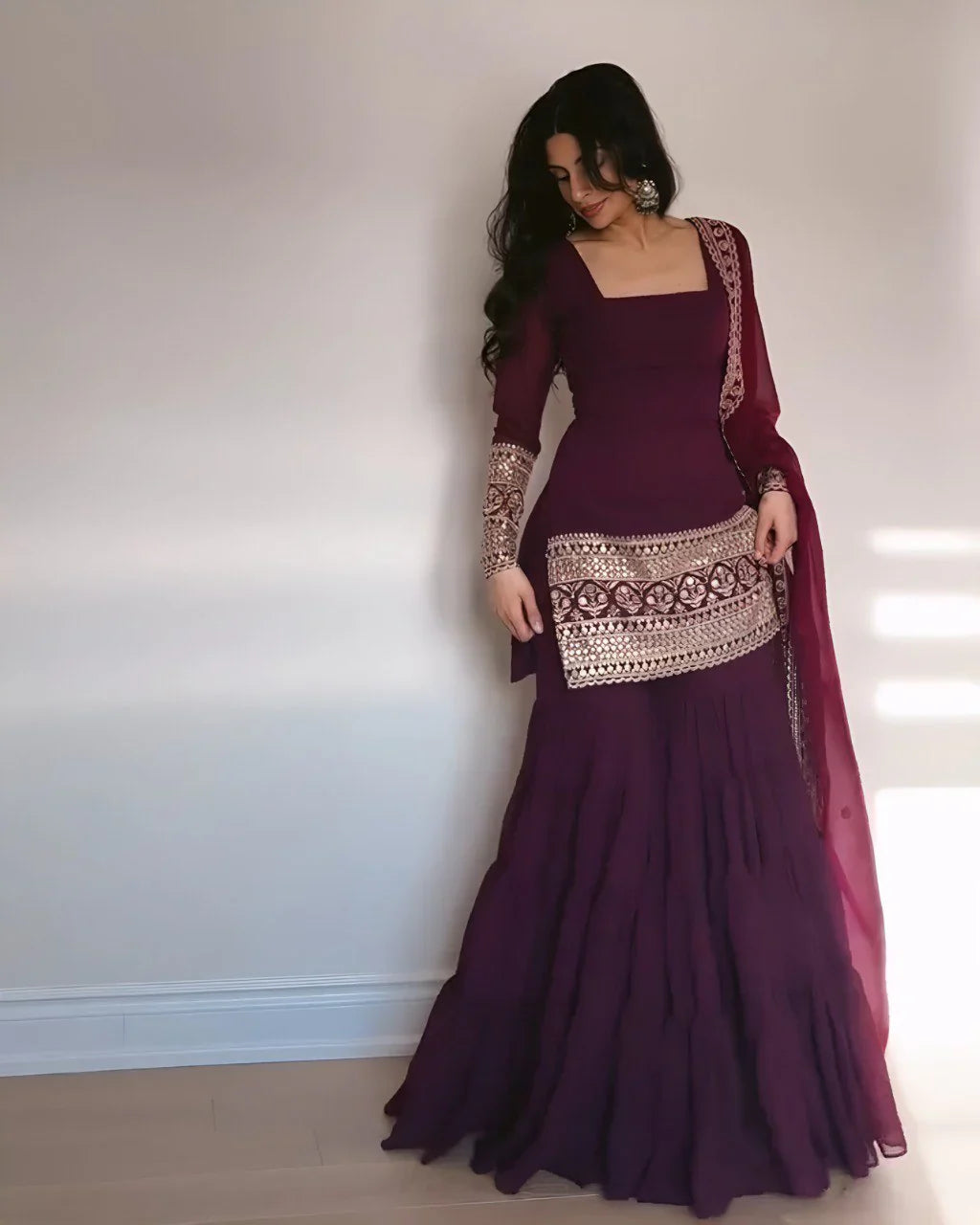 Purple Georgette Micro Cotton 3 Layer Sharara Suit Set