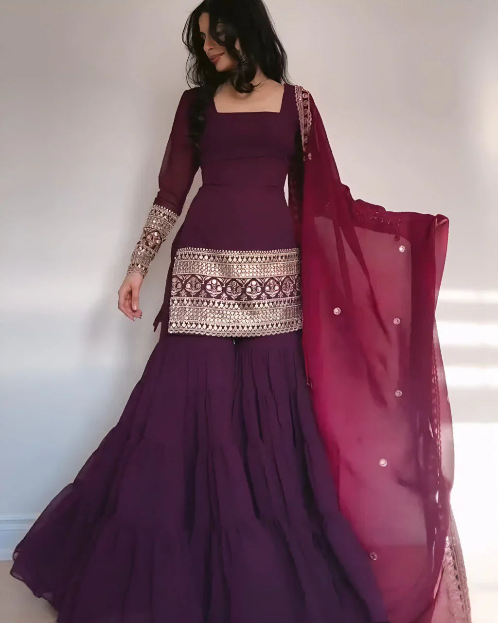 Purple Georgette Micro Cotton 3 Layer Sharara Suit Set