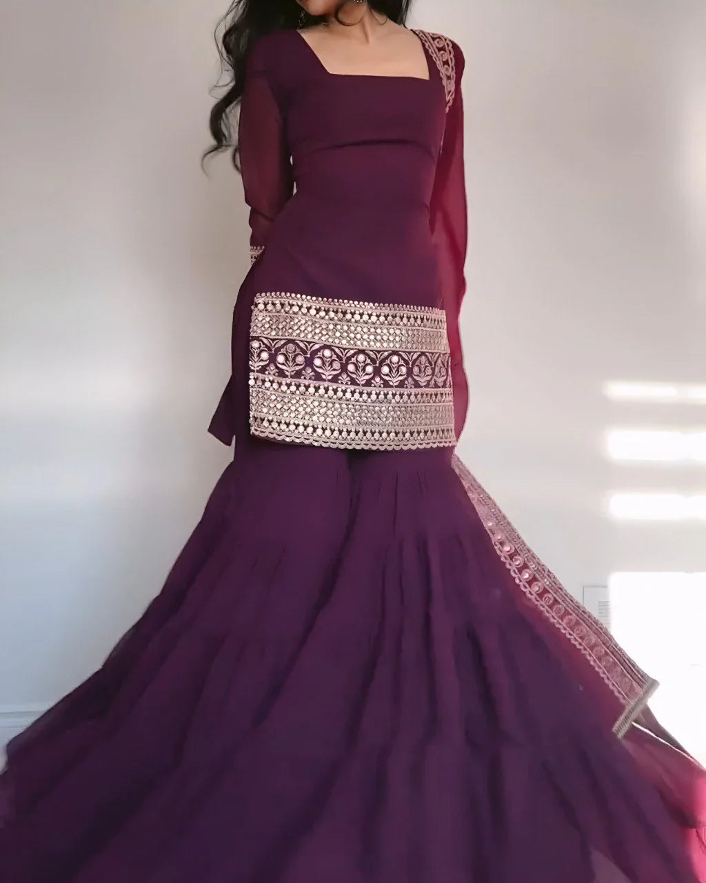 Purple Georgette Micro Cotton 3 Layer Sharara Suit Set