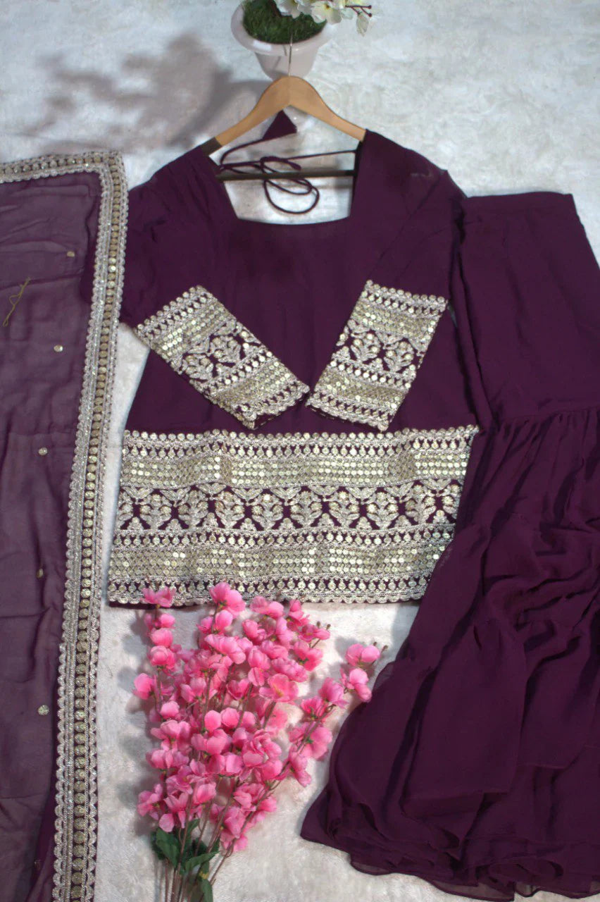 Purple Georgette Micro Cotton 3 Layer Sharara Suit Set