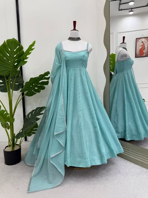 The Serene Sky Crunch Silk Anarkali Gown Set