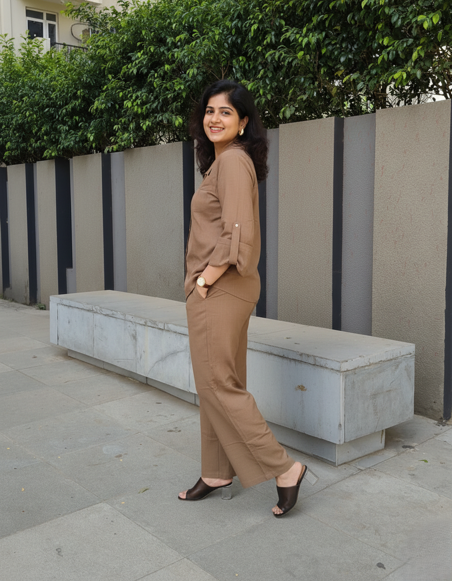 Neutral Chic Co-ord Set for Women in Cotton Slub | Relaxed Shirt & Pants