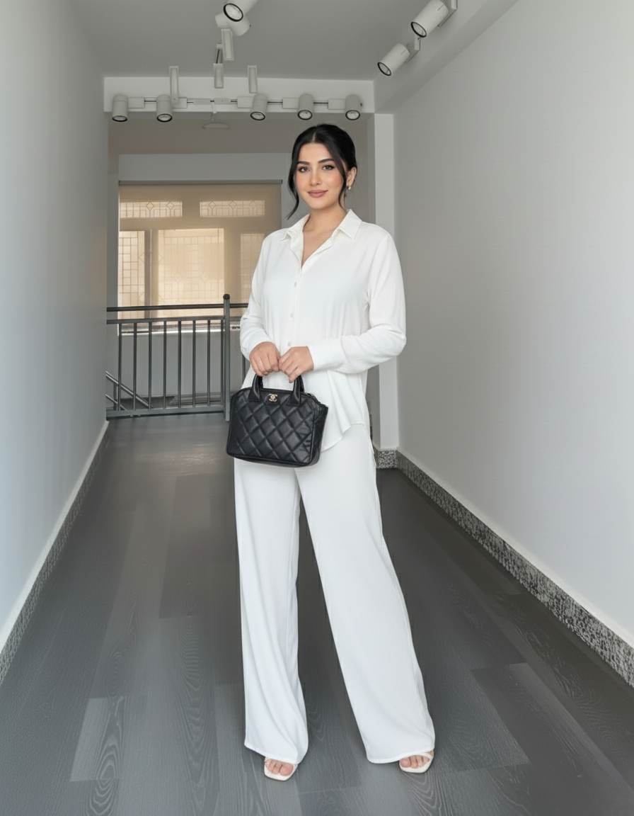 Solid Button-Down Shirt & Relaxed Pants Co-ord Set for Women