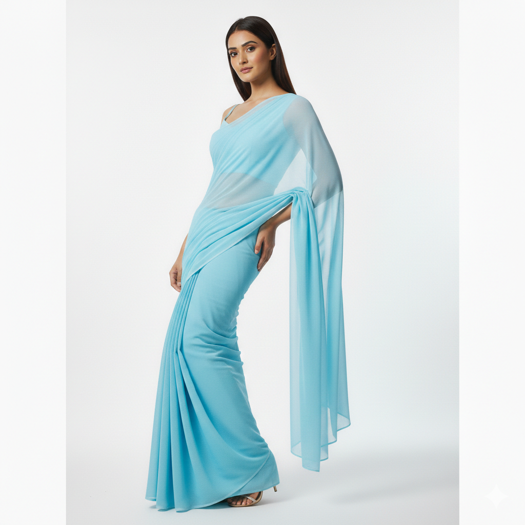 Celeste Powder Blue Saree Gown – Indo-Western One-Piece with Attached Pallu