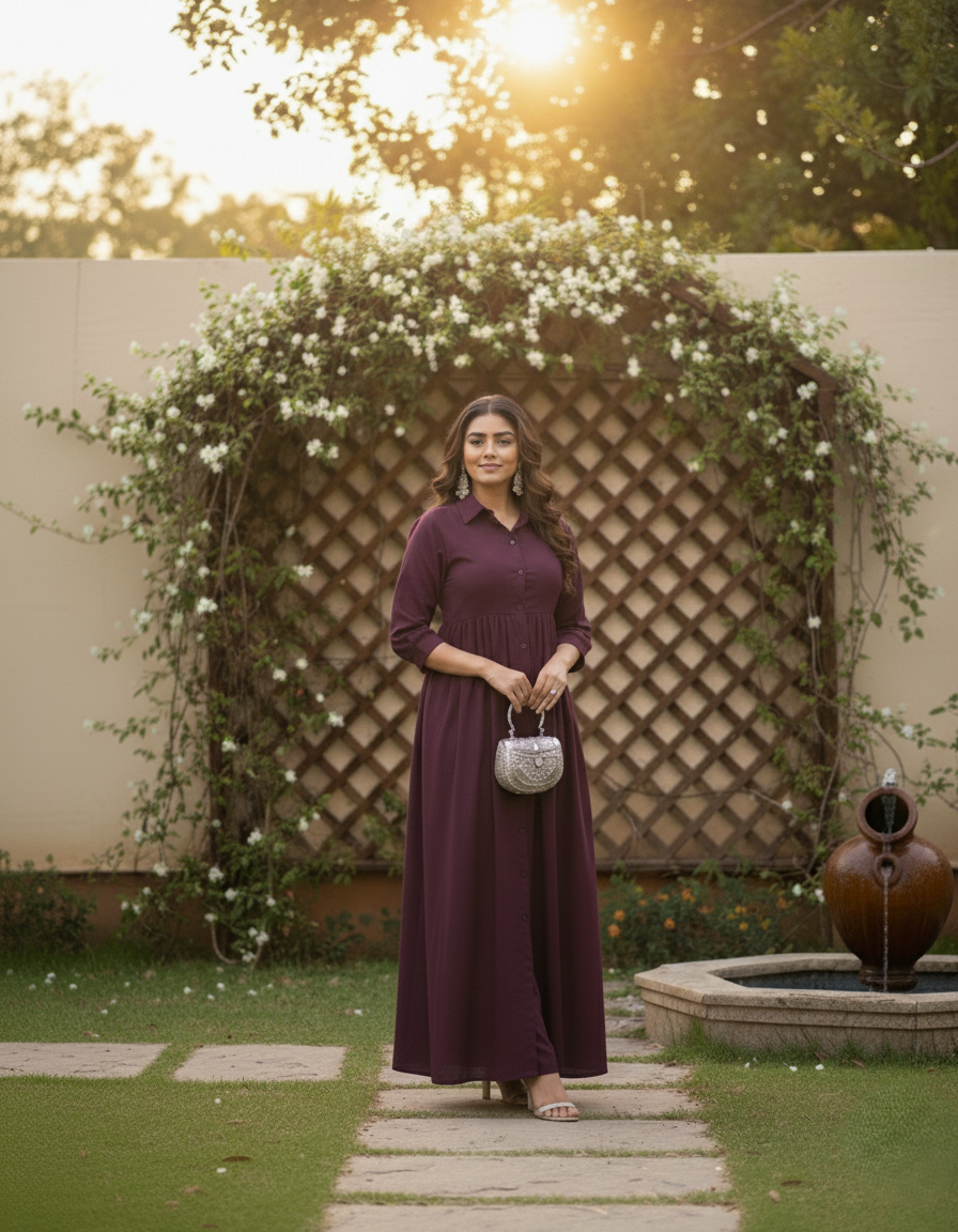 Women's Wine Rayon Long Shirt-Style Office Wear Dress with Front Slit