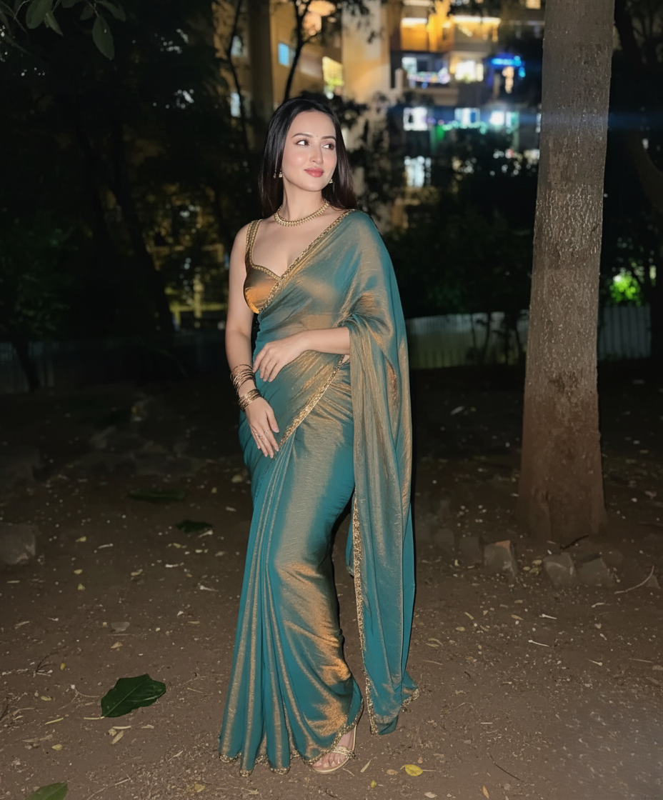 ELEGANT SHIMMER TISSUE TEAL BLUE SAREE LIGHTWEIGHT & STYLISH DRAPE