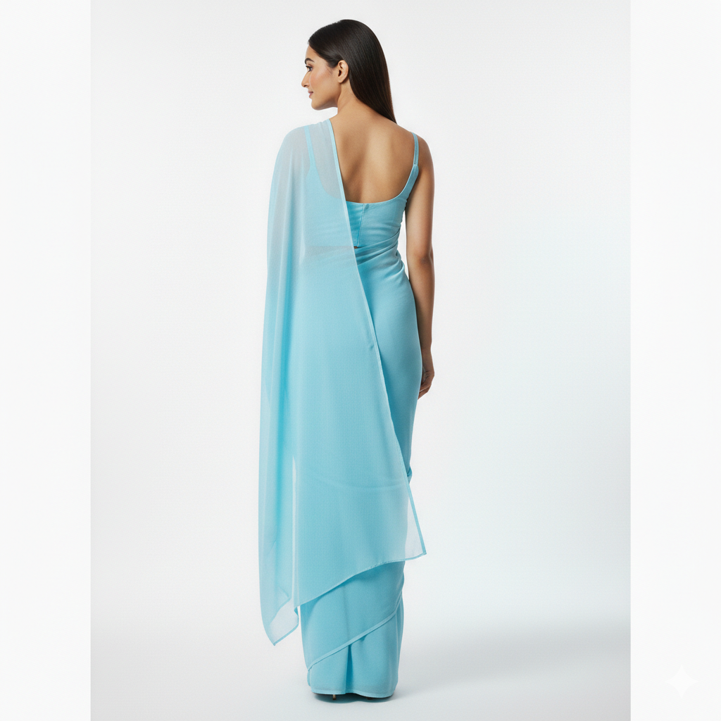 Celeste Powder Blue Saree Gown β Indo-Western One-Piece with Attached Pallu