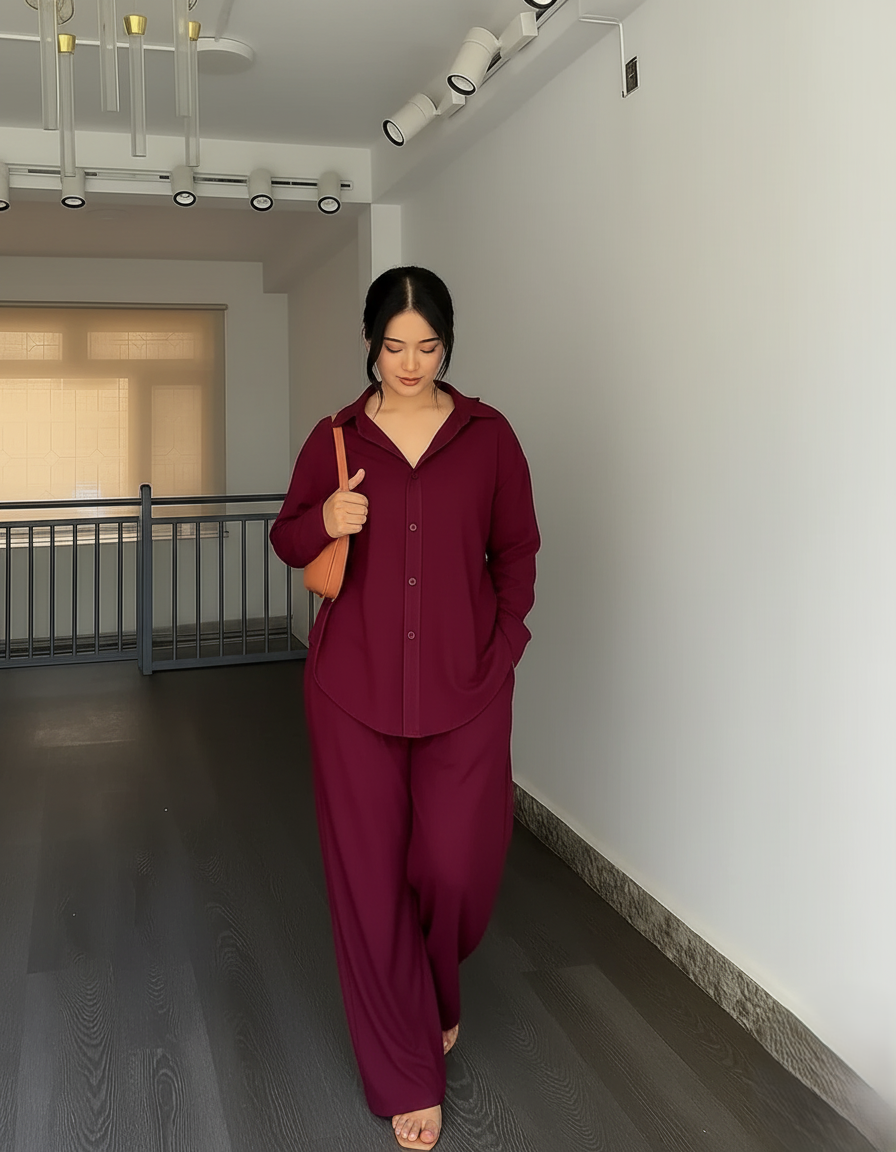 Wine Crush Co-ord Set for Women Solid Button-Down Shirt & Relaxed Pants -Vastramaniaa