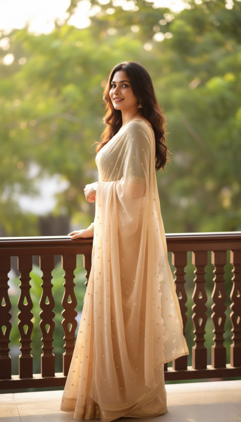 The Stardust Beige Saree (Premium Lightweight Net with Gold Sequin Work)