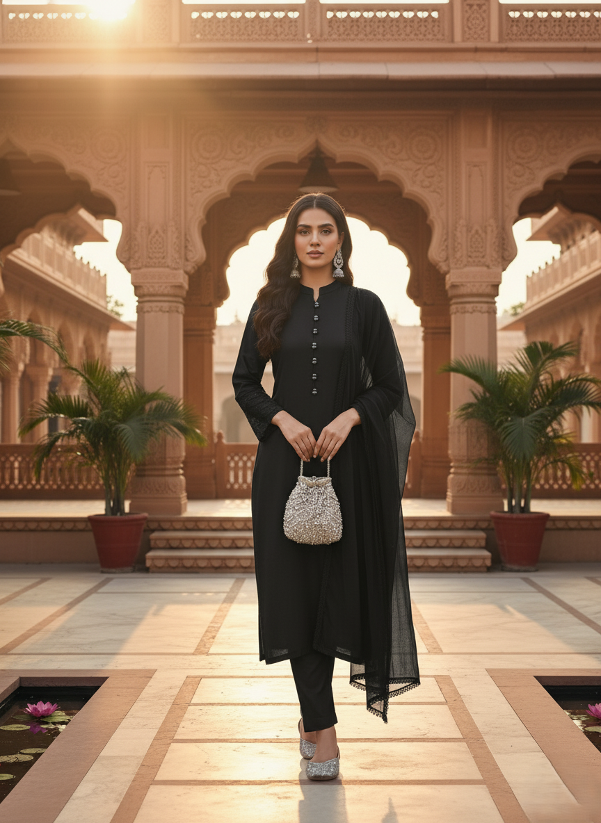 Black Pakistani Kurta pant set with chiffon Dupatta