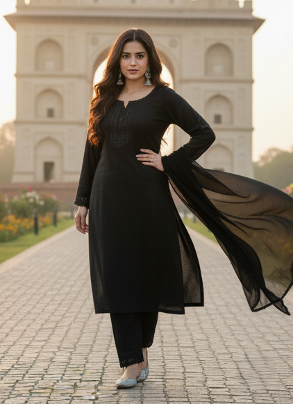 Black Pakistani Kurta pant set with chiffon Dupatta