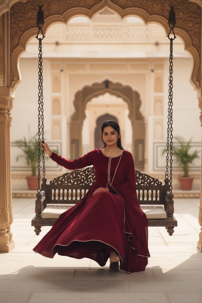 Maroon Pearl Border Anarkali Suit