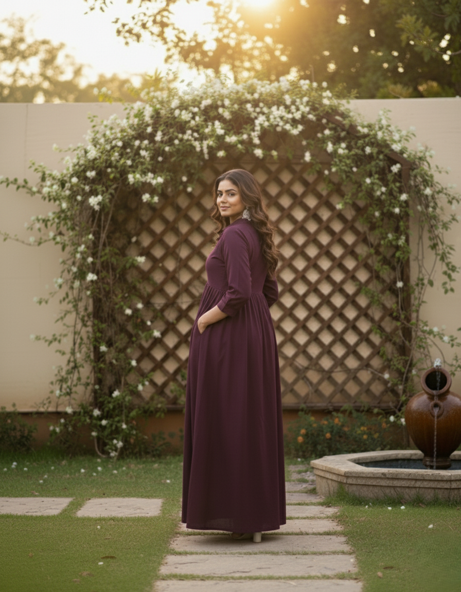 Women's Wine Rayon Long Shirt-Style Office Wear Dress with Front Slit