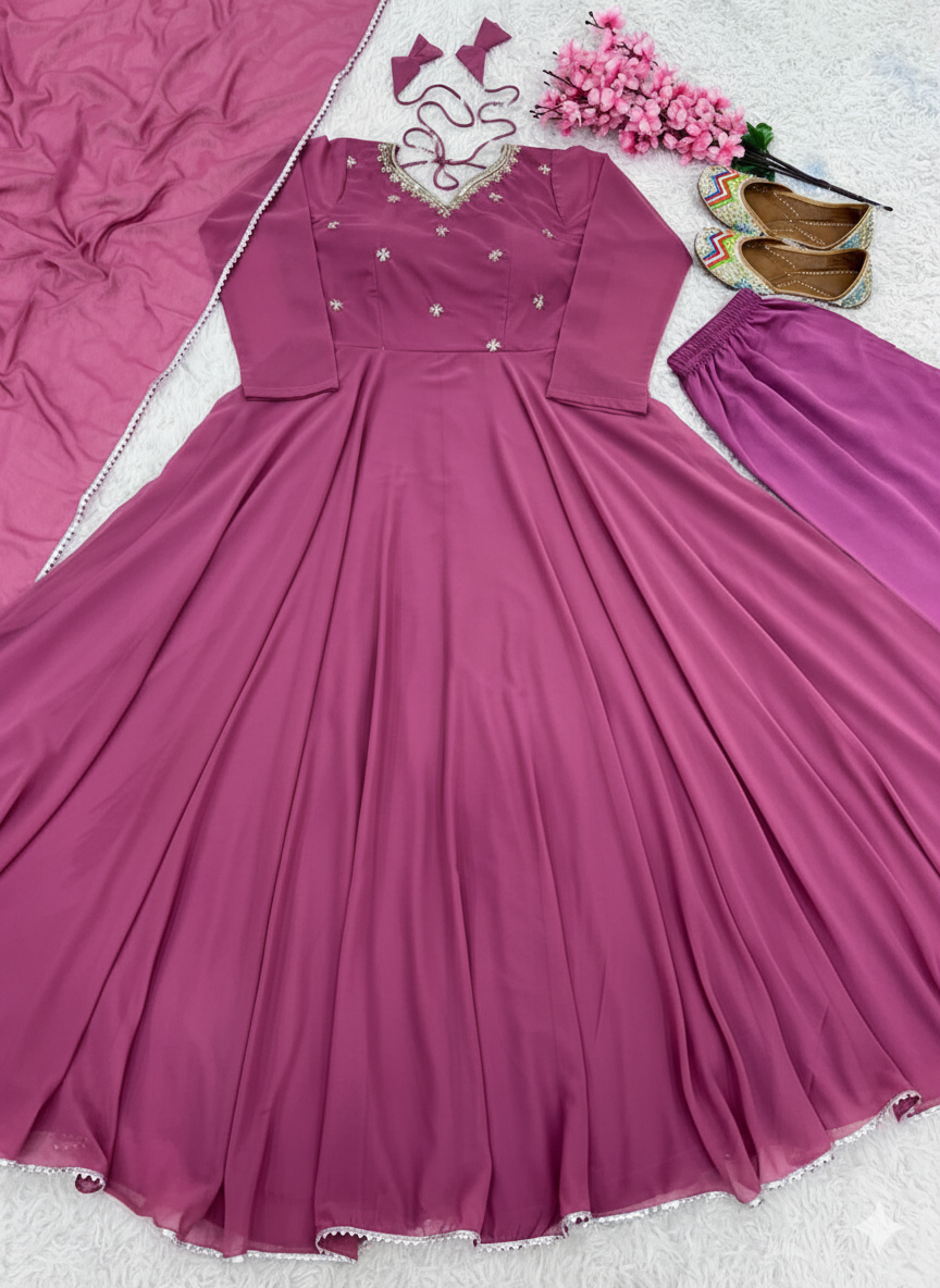 Heavy Faux Georgette Embroidered Anarkali Suit Set