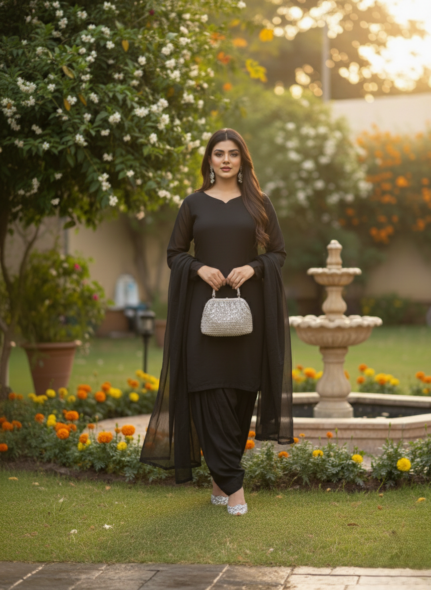 Party Wear 3-Piece Dress in Korian Silk with Organza Dupatta