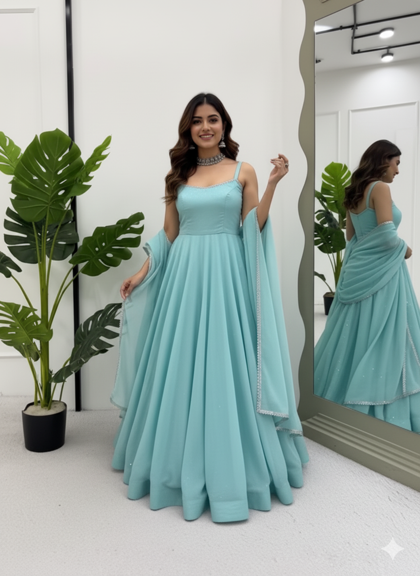 The Serene Sky Crunch Silk Anarkali Gown Set