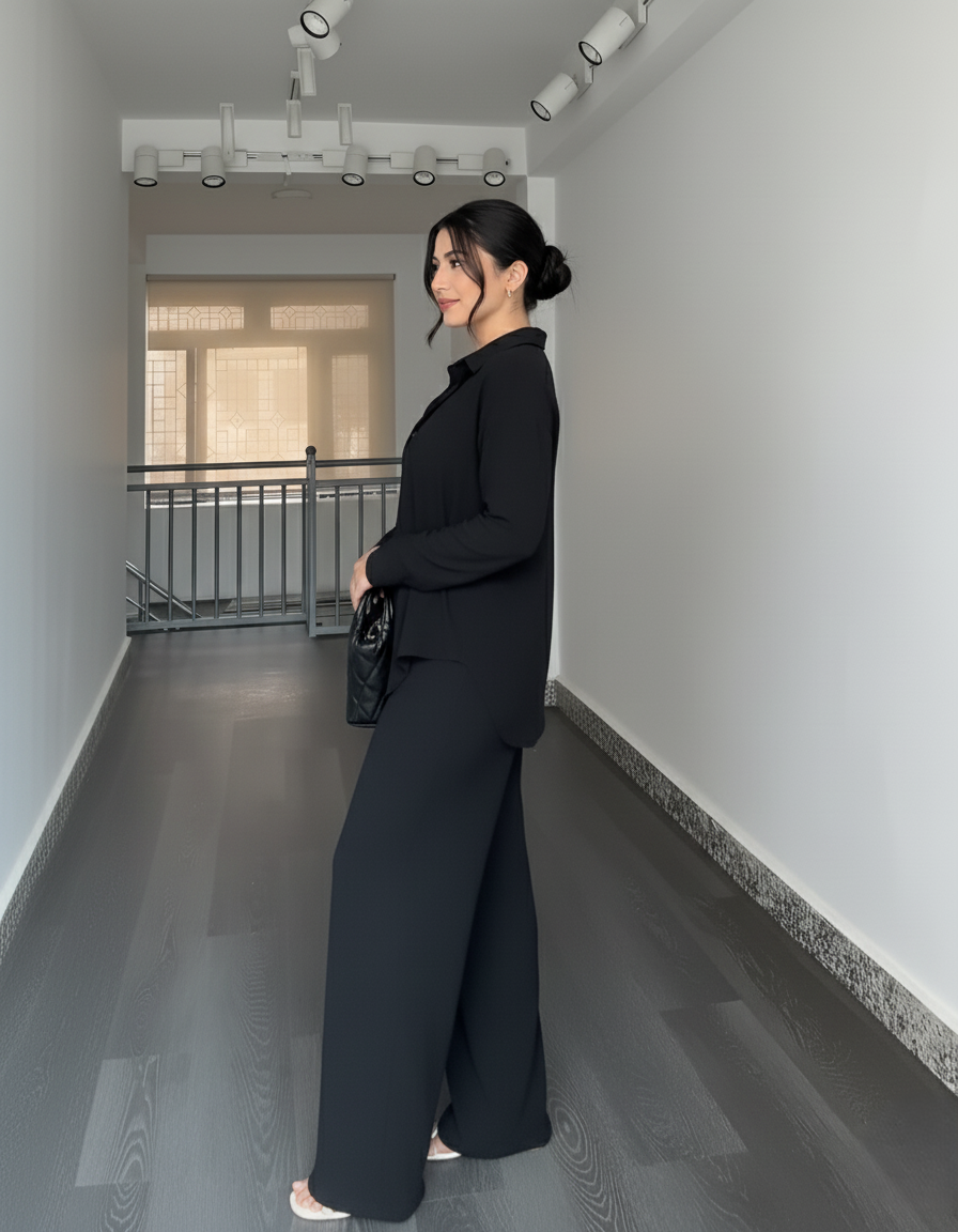 Solid Button-Down Shirt & Relaxed Pants Co-ord Set for Women