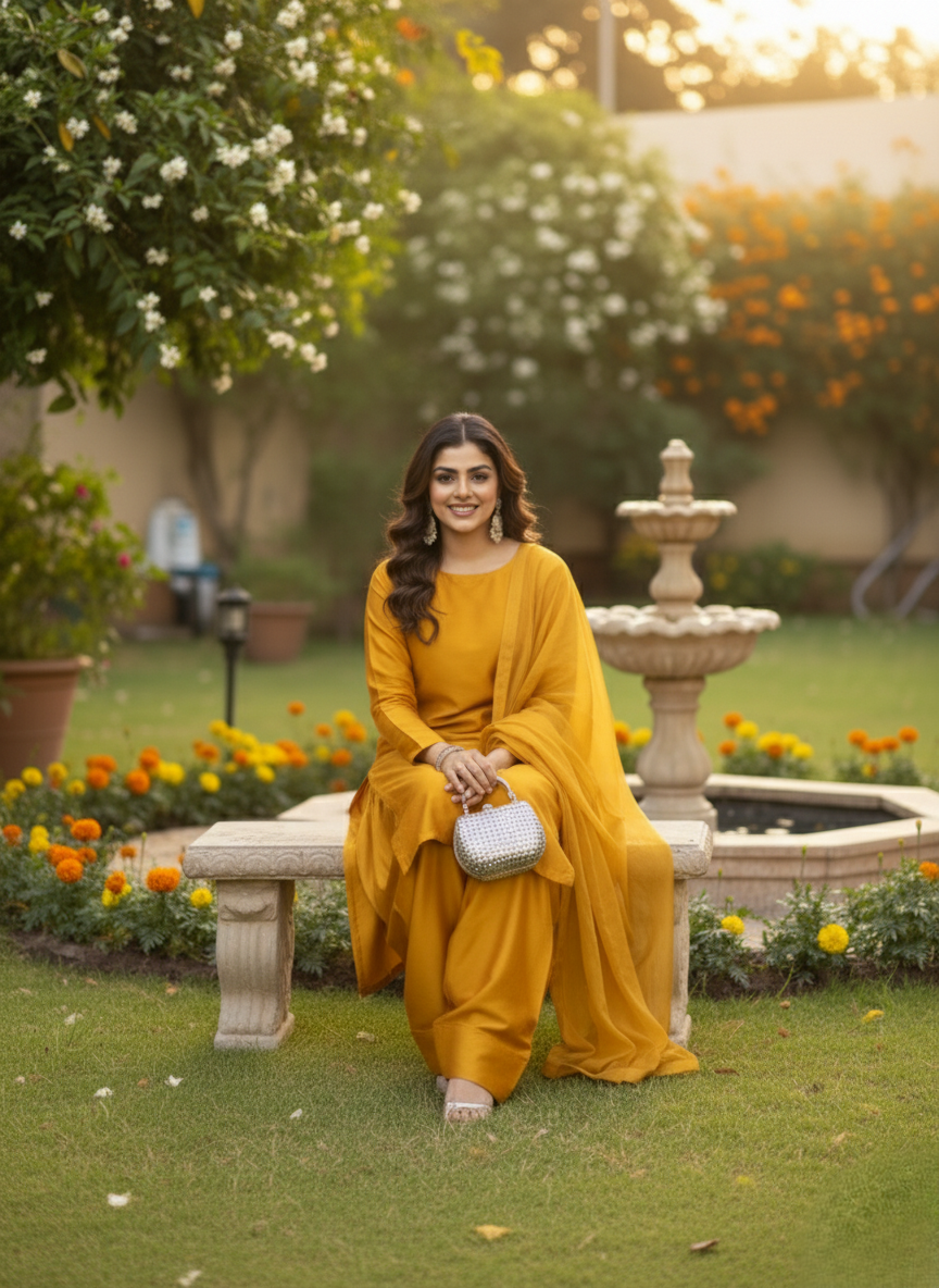 Party Wear 3-Piece Dress in Korian Silk with Organza Dupatta