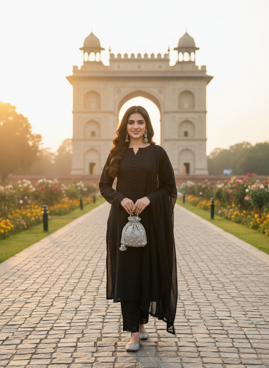 Black Pakistani Kurta pant set with chiffon Dupatta