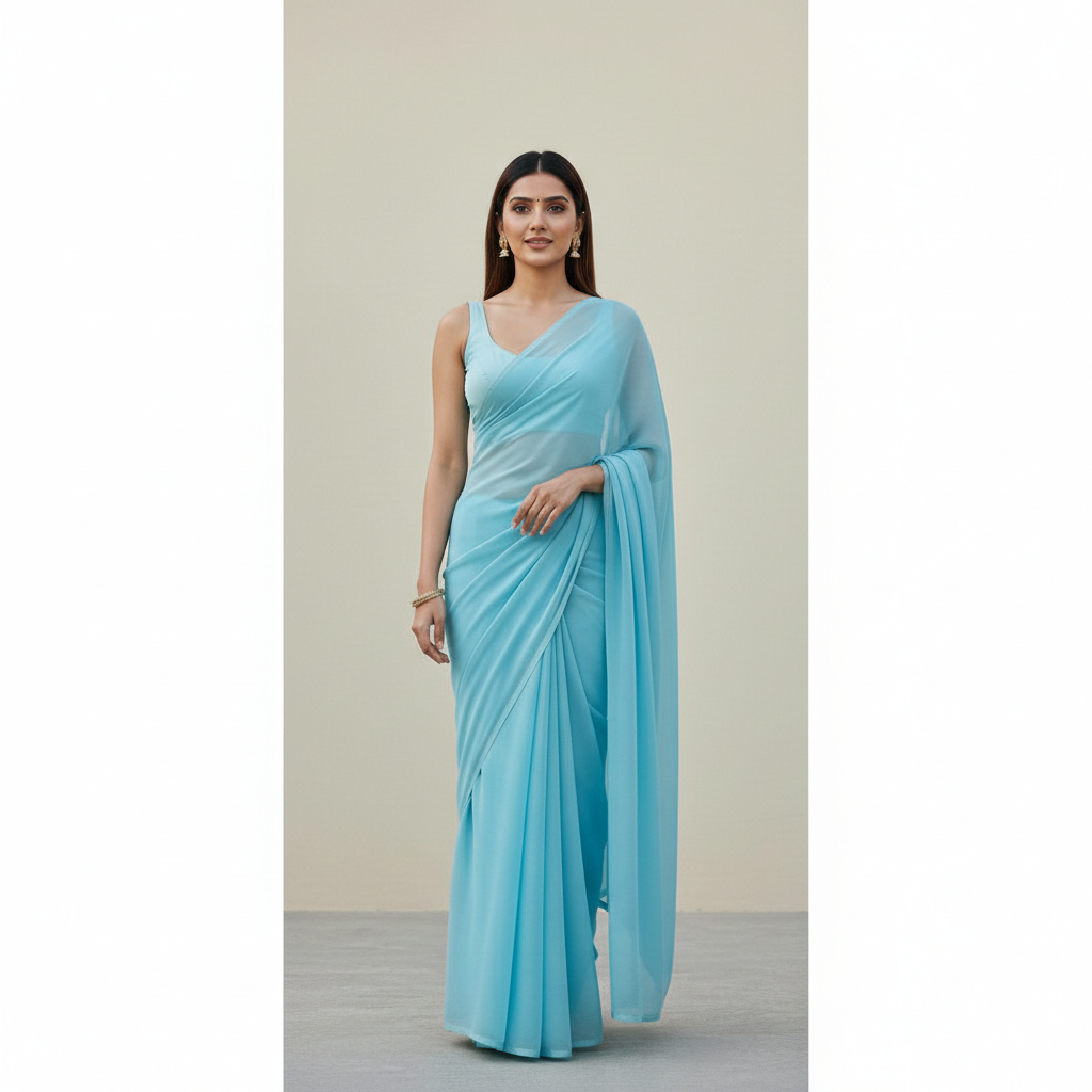 Celeste Powder Blue Saree Gown – Indo-Western One-Piece with Attached Pallu