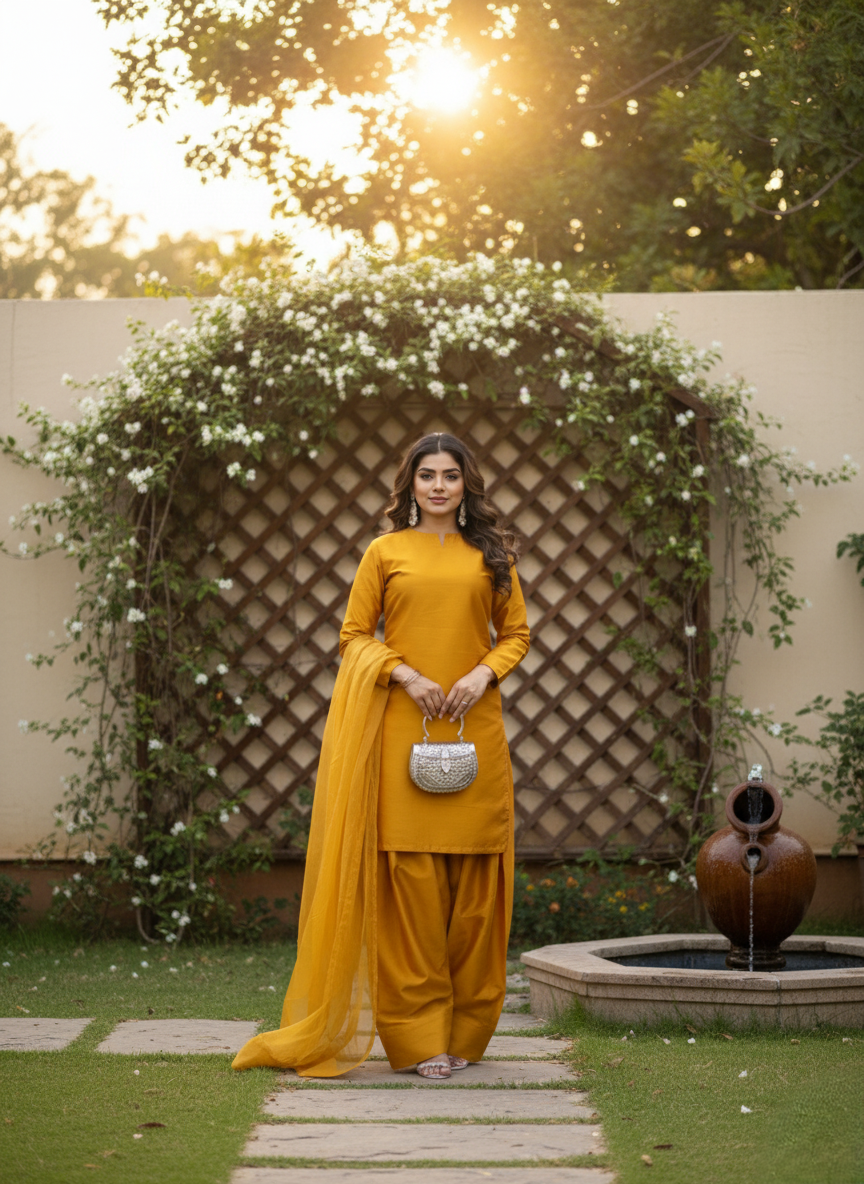 Party Wear 3-Piece Dress in Korian Silk with Organza Dupatta