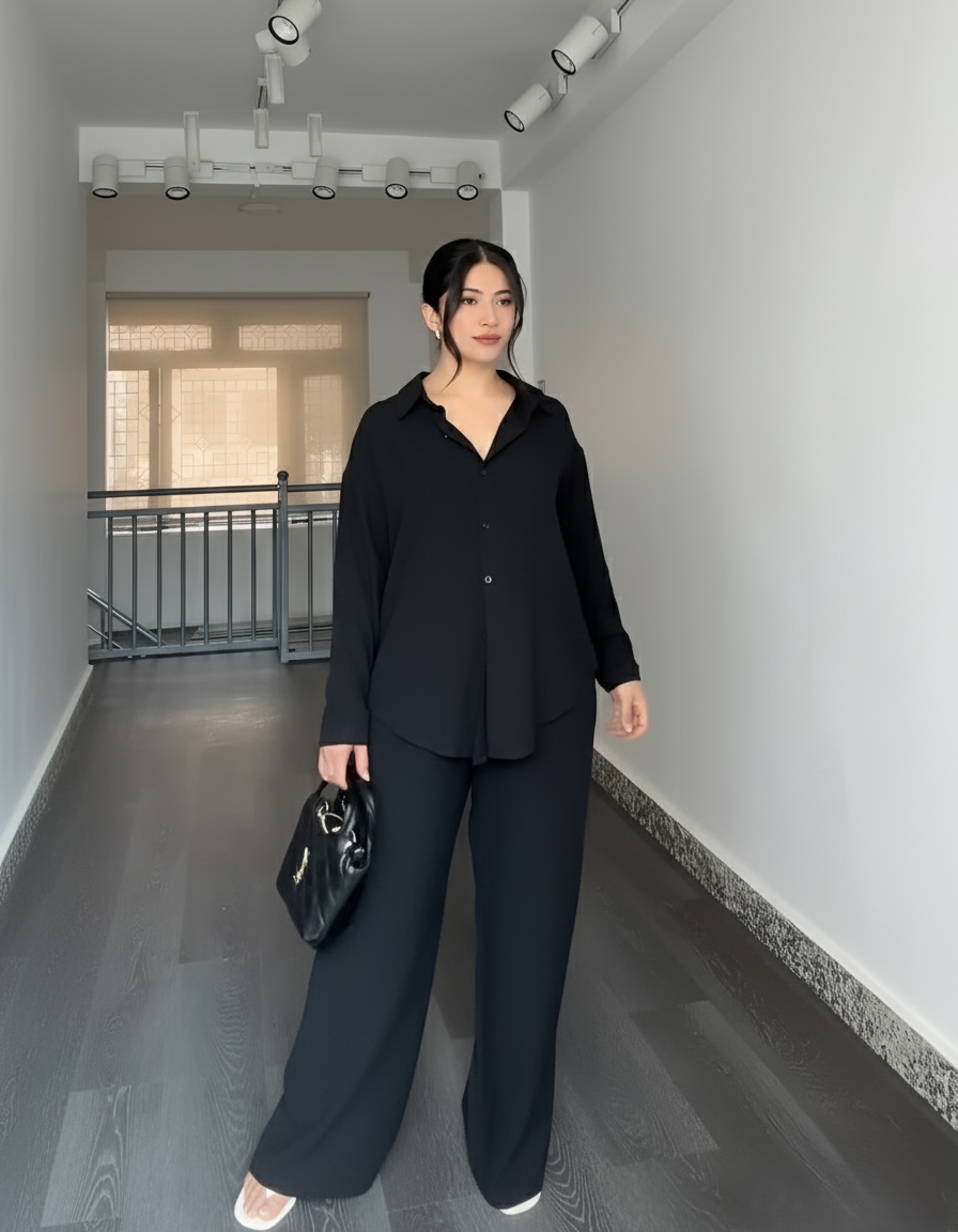 Solid Button-Down Shirt & Relaxed Pants Co-ord Set for Women