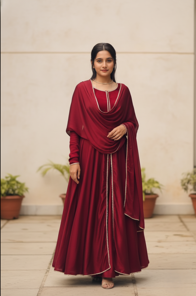 Maroon Pearl Border Anarkali Suit