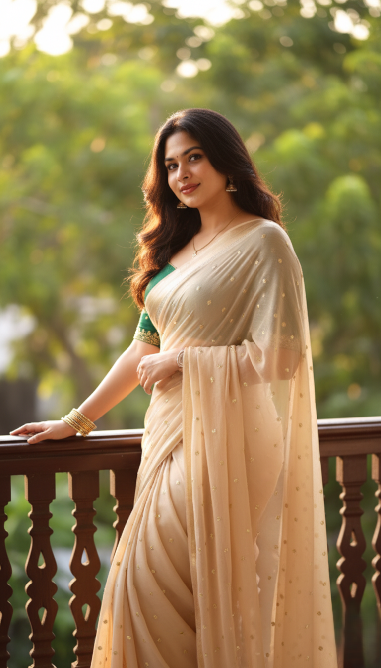 The Stardust Beige Saree (Premium Lightweight Net with Gold Sequin Work)