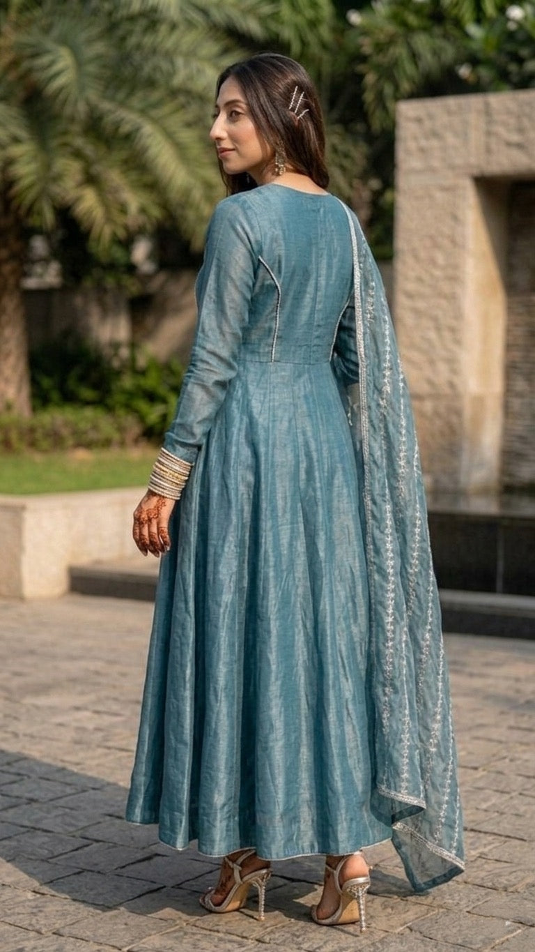Elegant Teal Embroidered Anarkali Suit Set