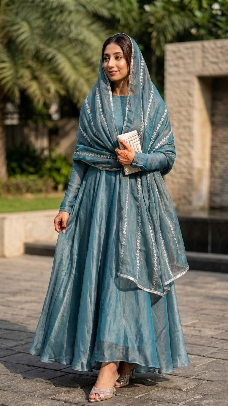 Elegant Teal Embroidered Anarkali Suit Set