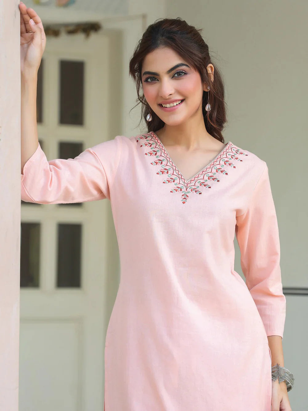 Blush Pink V-Neck Embroidered Kurta