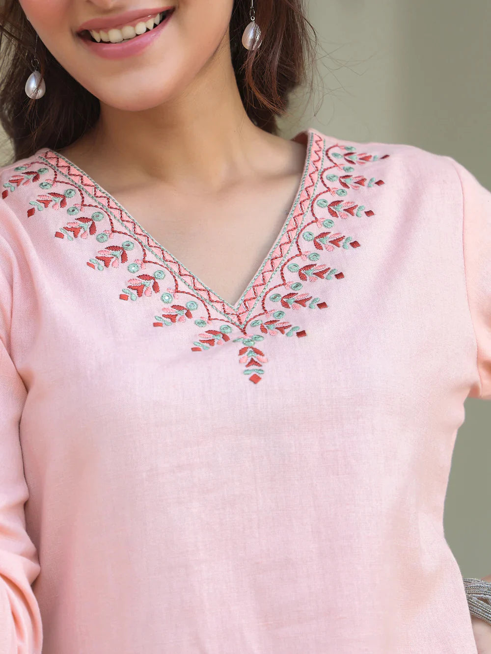Blush Pink V-Neck Embroidered Kurta