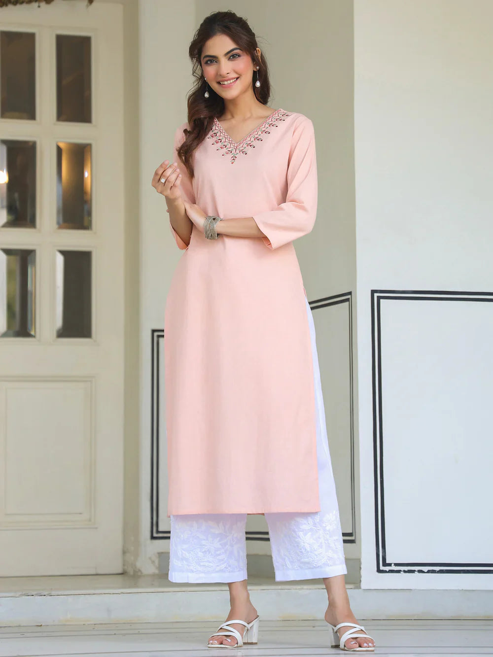 Blush Pink V-Neck Embroidered Kurta