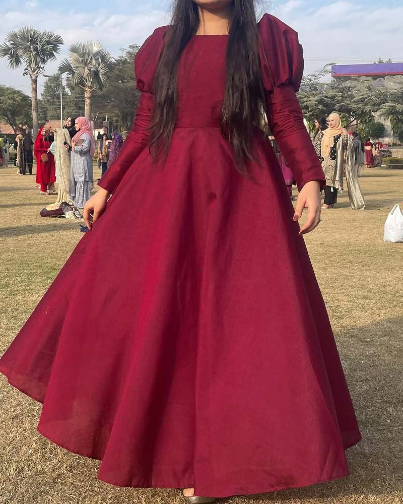 Wine Red Raw Silk Gown with Cancan