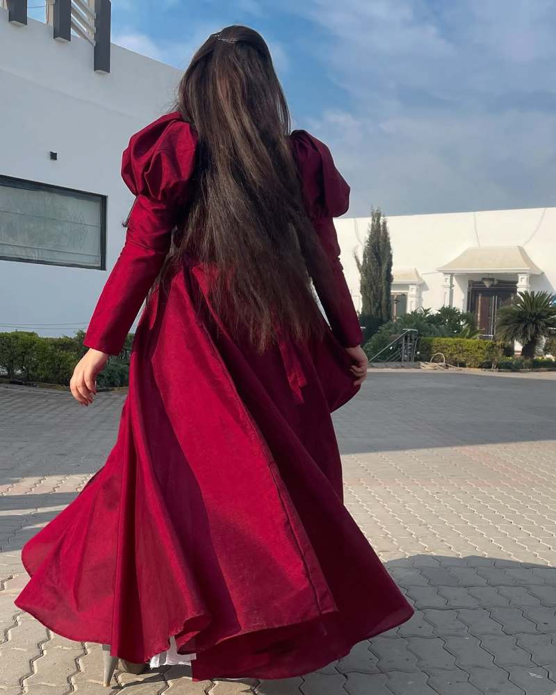 Wine Red Raw Silk Gown with Cancan