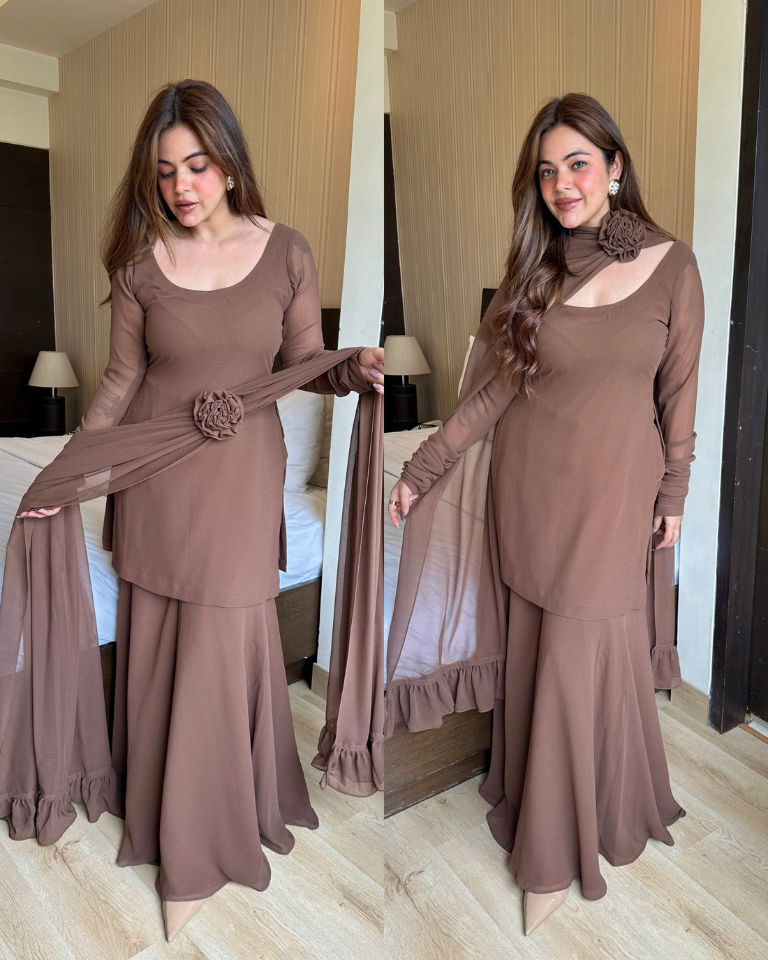 Brown rose duppata sharara suit
