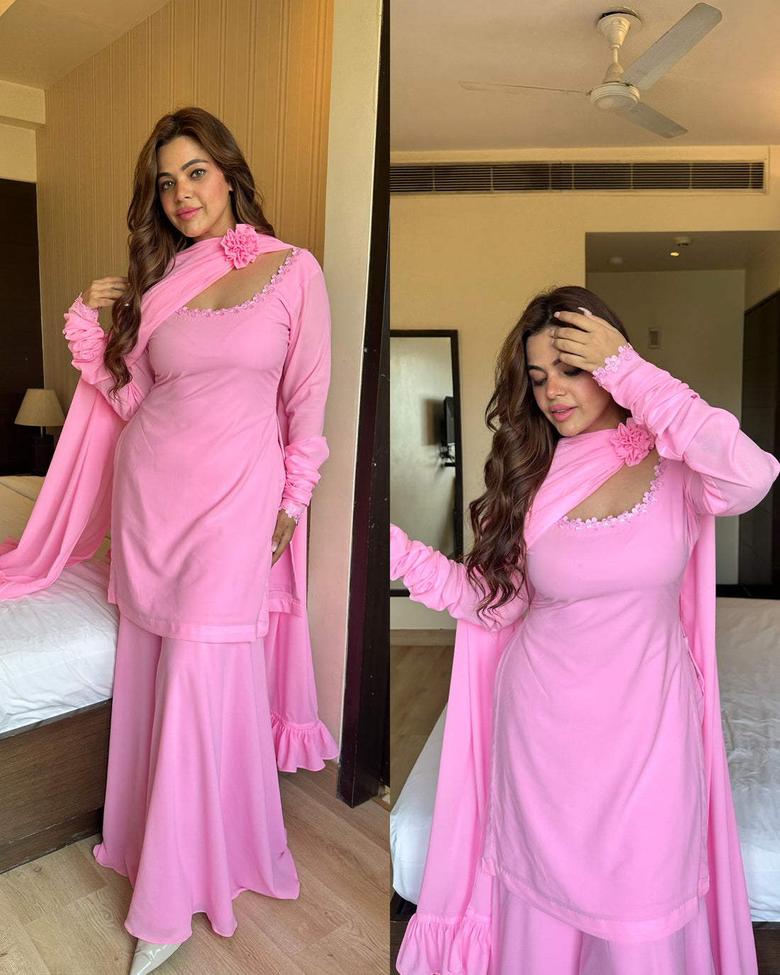 Pink cutwork rose duppata suit
