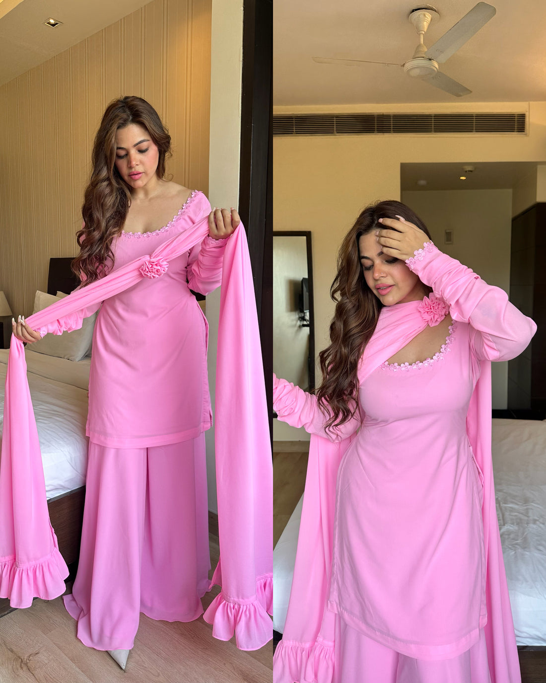 Pink cutwork rose duppata suit
