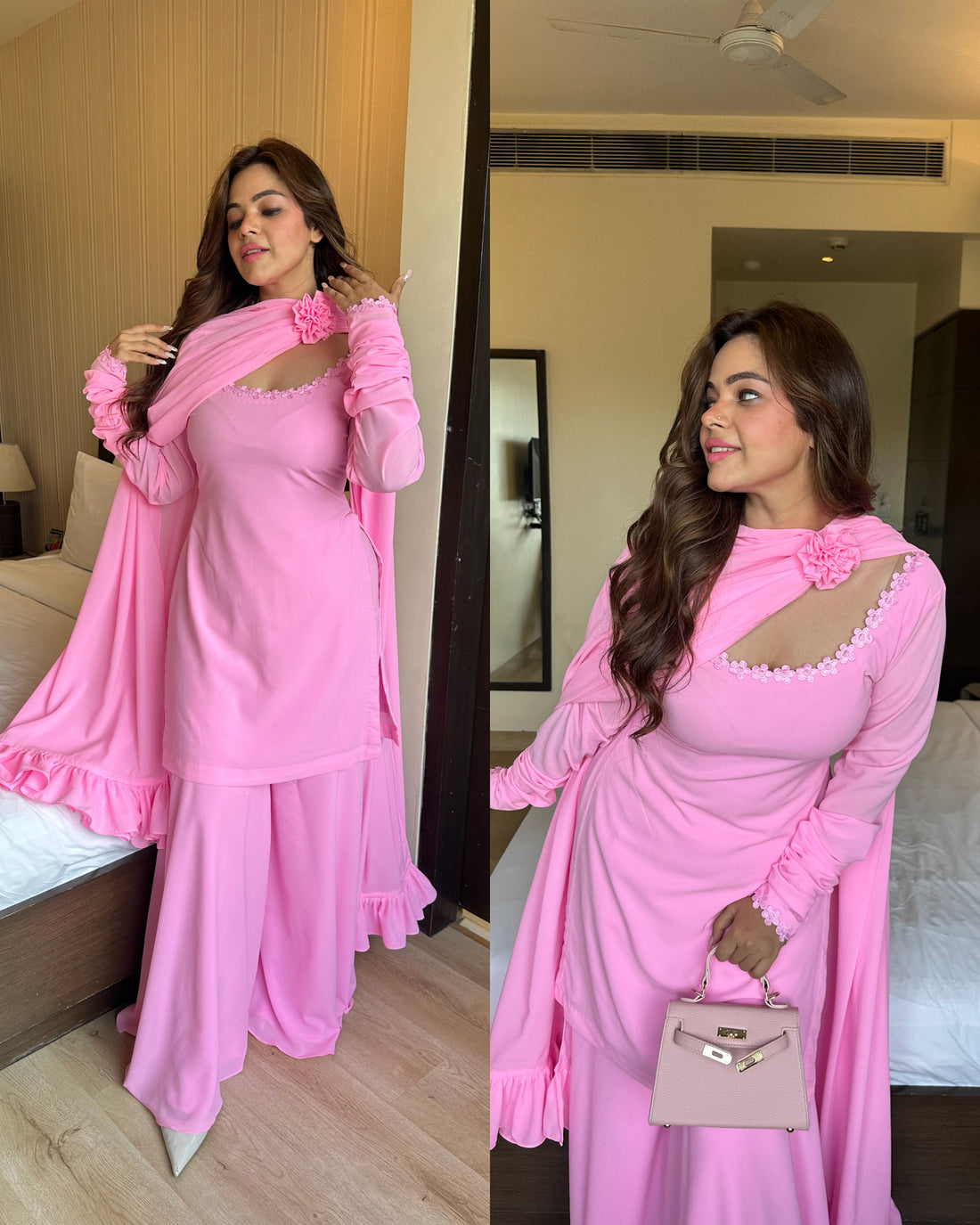 Pink cutwork rose duppata suit